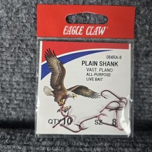 Eagle Claw 084RA-8 Plain Shank Live Bait Fishing Hooks Red Size 8 Qty 10 Pack